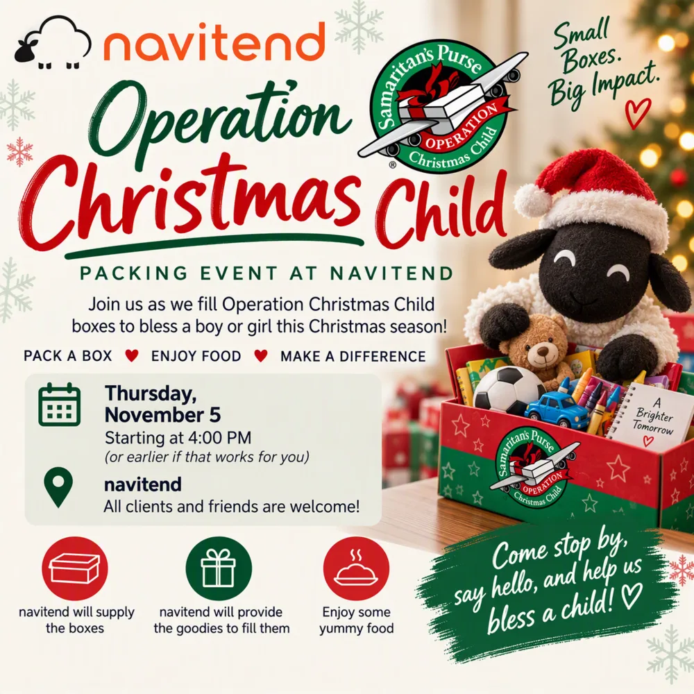 Operation Christmas Child packing event at navitend: Shermie in a Santa hat beside a shoebox filled with toys and school supplies. Pack a box, enjoy food, make a difference. All clients and friends are welcome.